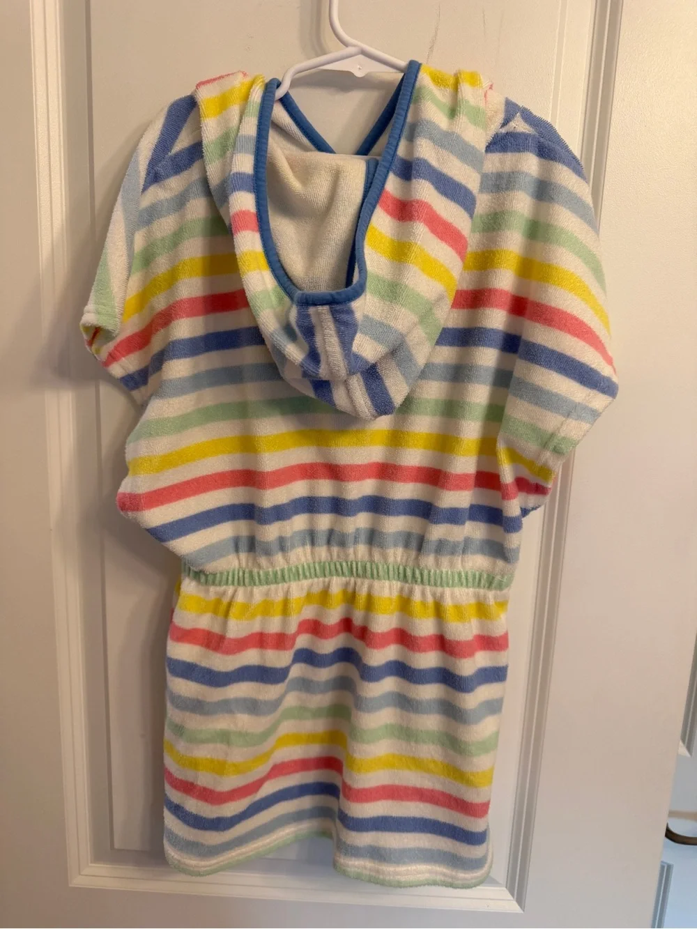 Joules Striped Hooded Terry Cover-Up Dress in Pastel Rainbow